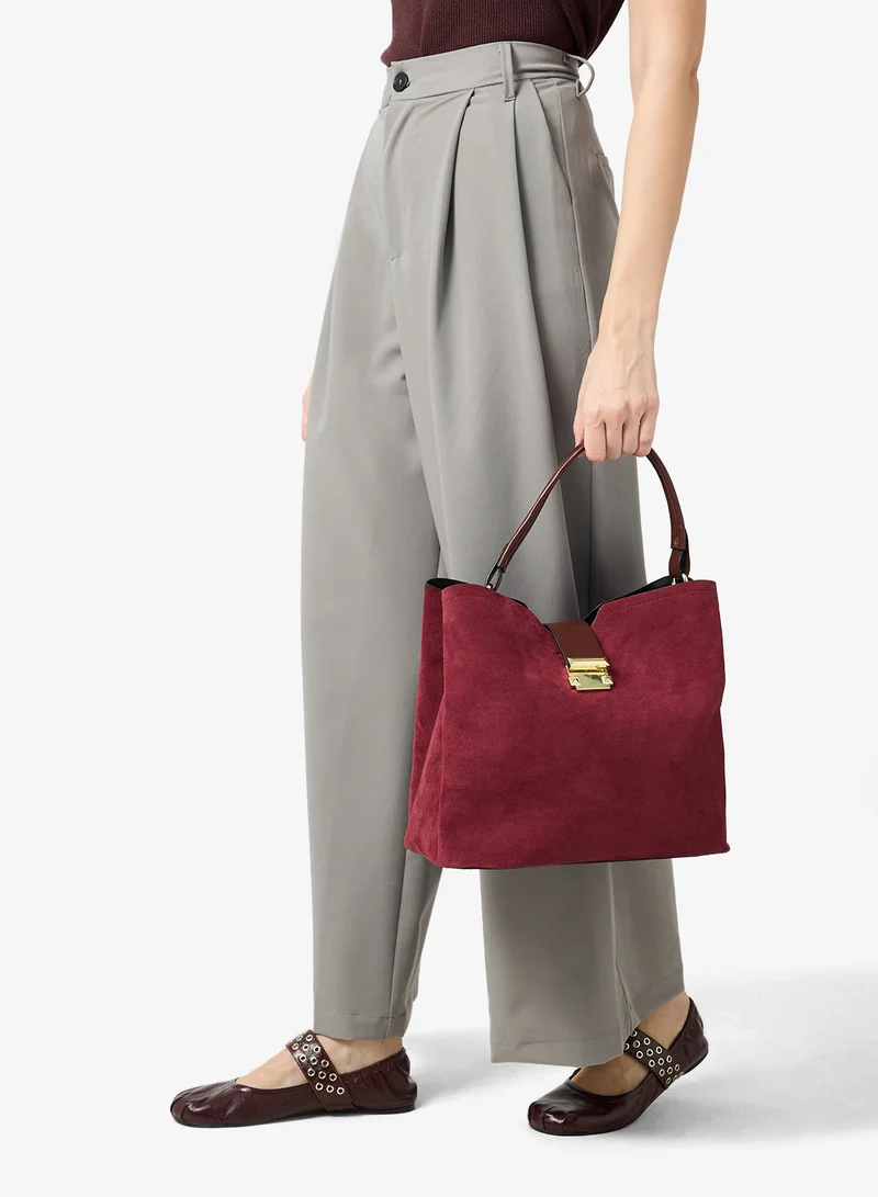 ELLA Red Gold Accent Detail Structured Bucket Bag With Top Handle And Strap for Women | Best Price UAE